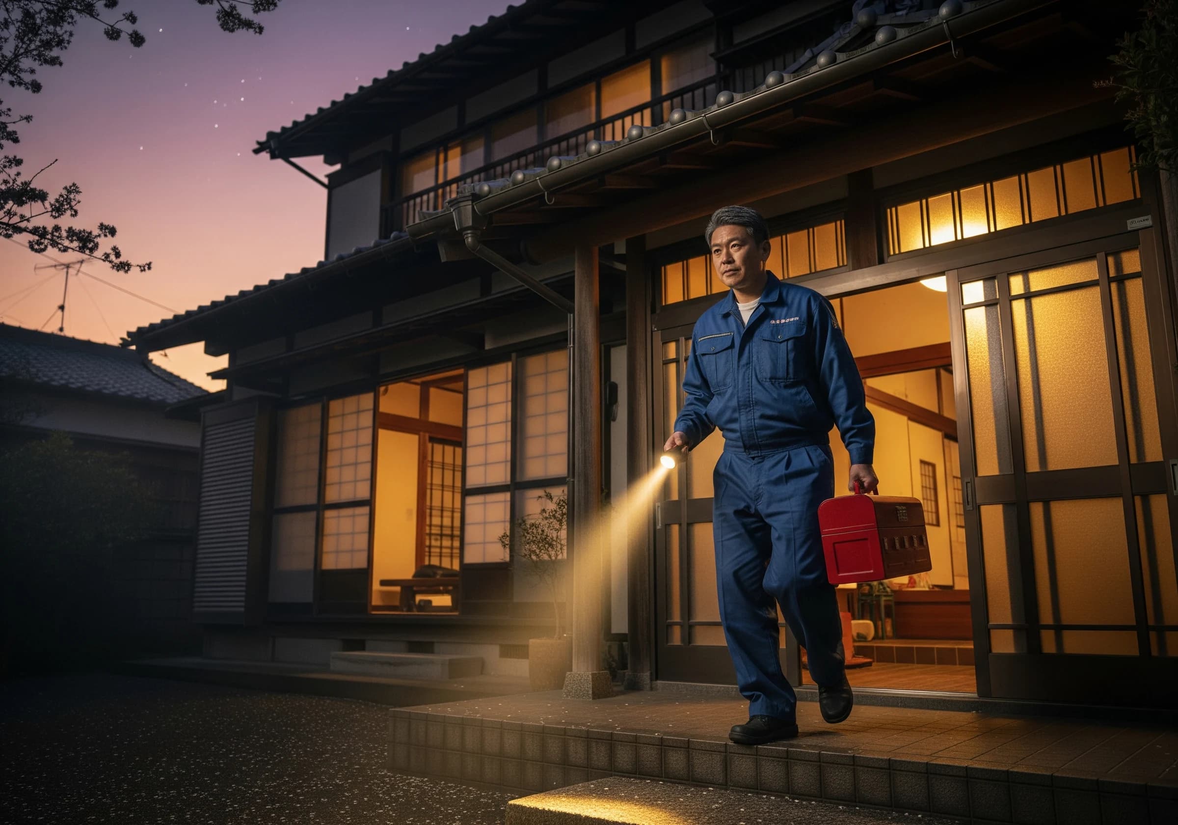 夕暮れに住宅へ駆け付けた水道業者